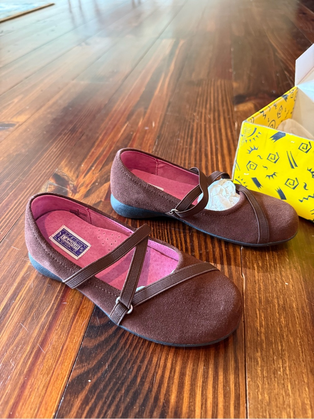 L'Amour Brown Mary Jane Kids Dress Shoes with Pink Linings